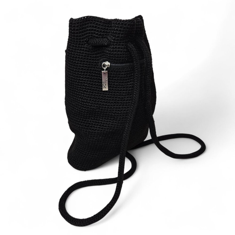 The Sak Black Crochet Small Back Pack Women's Cinch Top Rounded Strap Everyday